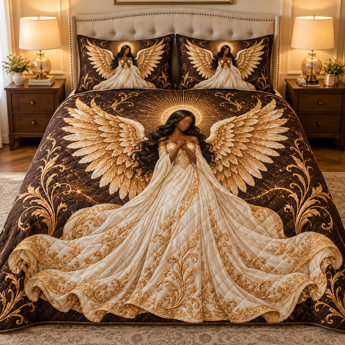 golden Christmas angel quilt set, front view, AI-generated product mockup