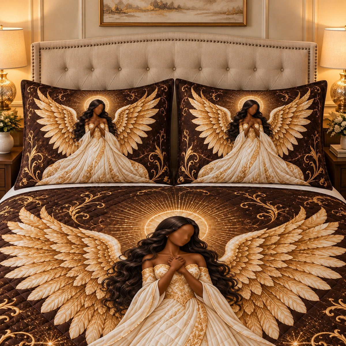 golden Christmas angel quilt set, alternate view, AI-generated product mockup