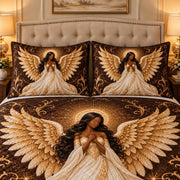 golden Christmas angel quilt set, alternate view, AI-generated product mockup
