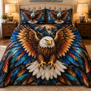bald eagle over a mountain landscape quilt set, front view, AI-generated product mockup