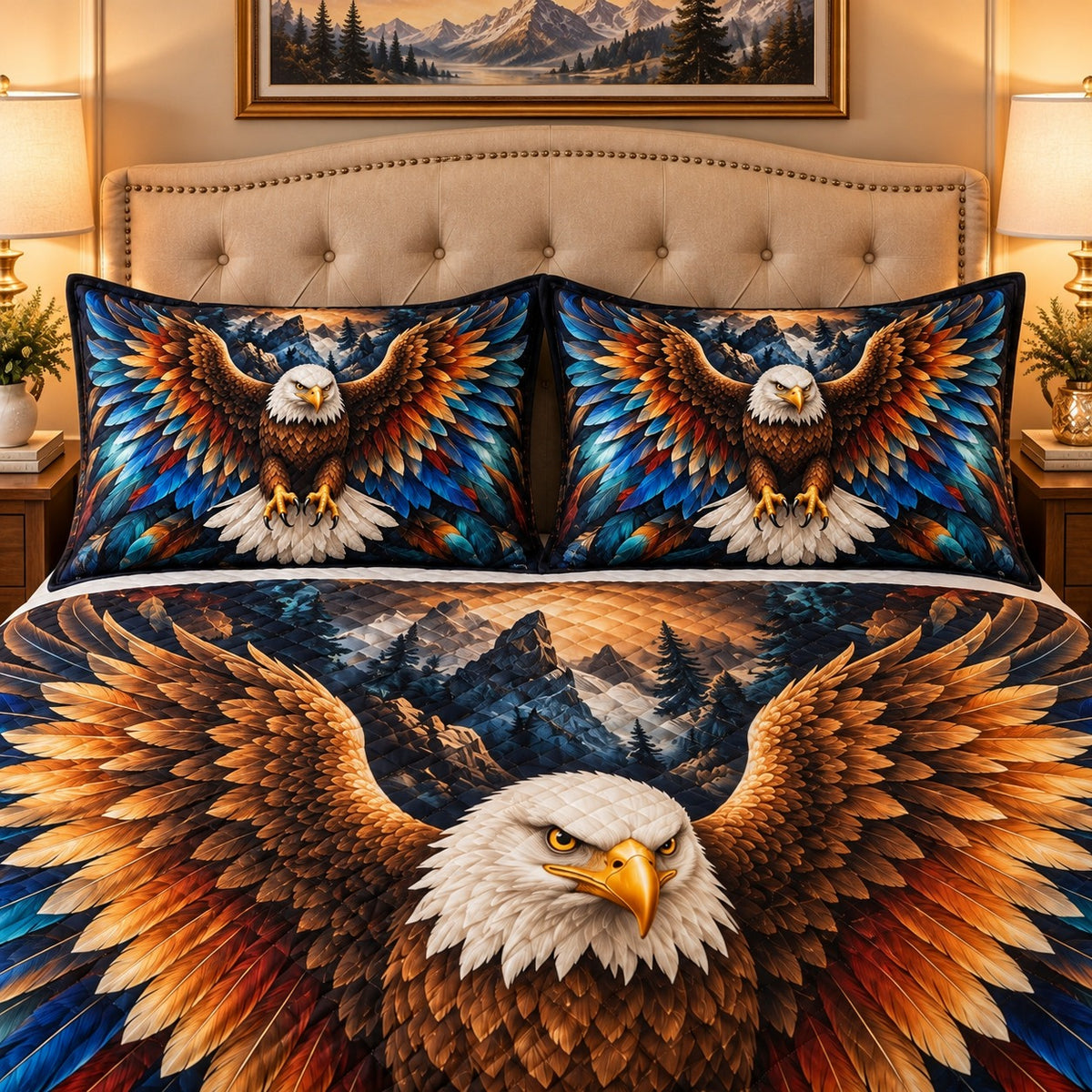 bald eagle over a mountain landscape quilt set, alternate view, AI-generated product mockup