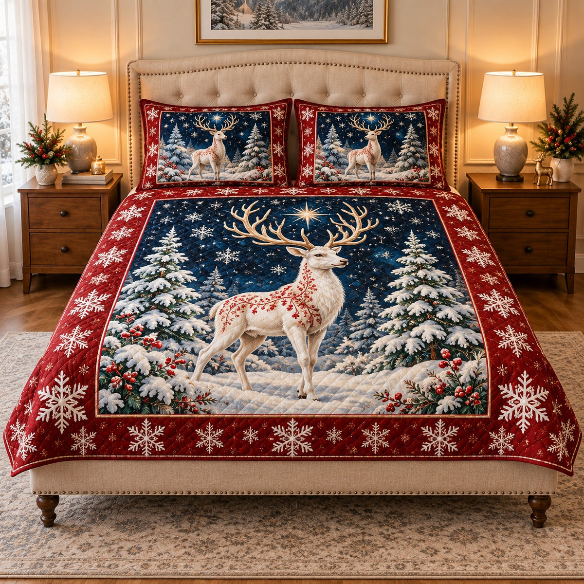 white Christmas deer in a snowy forest quilt set, front view, AI-generated product mockup