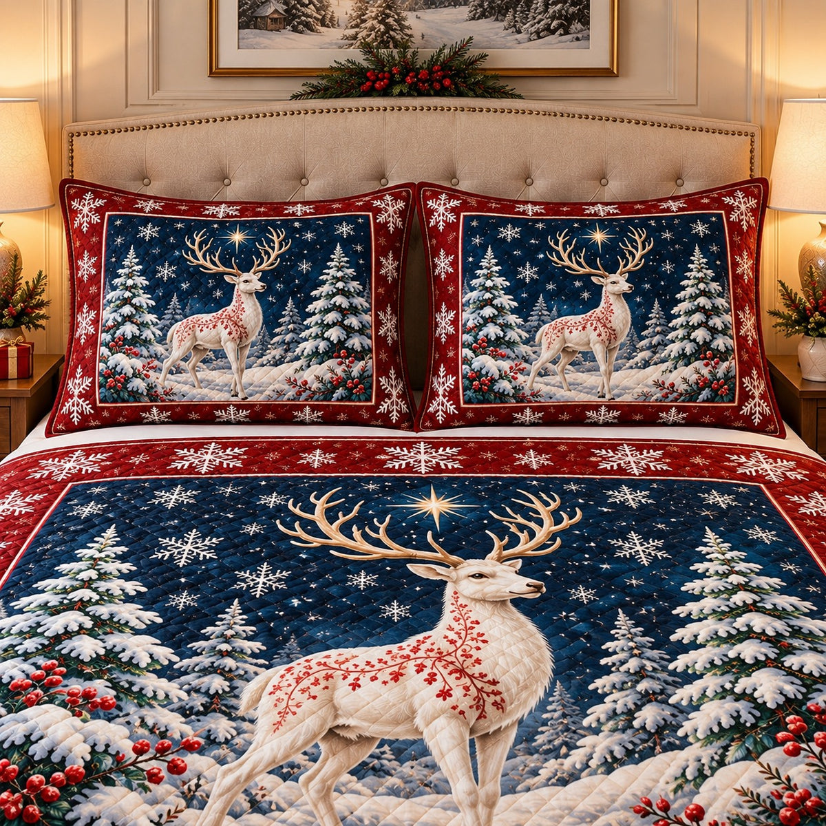 white Christmas deer in a snowy forest quilt set, alternate view, AI-generated product mockup