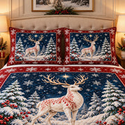 white Christmas deer in a snowy forest quilt set, alternate view, AI-generated product mockup