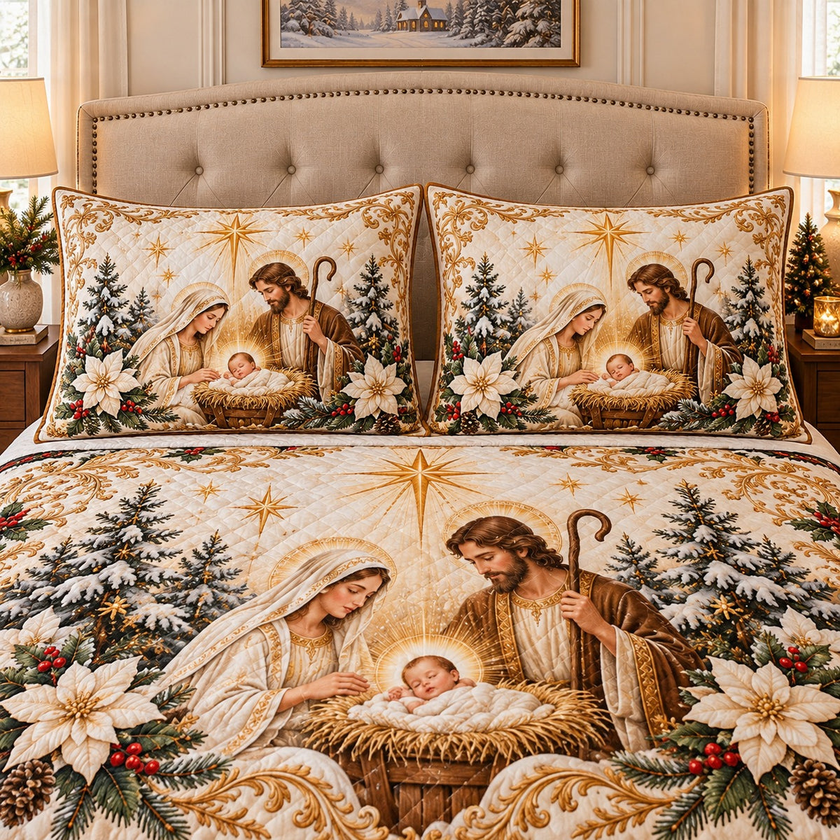 Holy Family nativity scene quilt set, alternate view, AI-generated product mockup