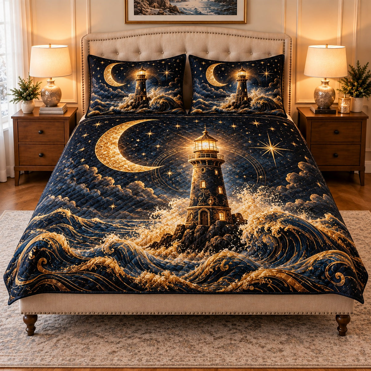 moonlit lighthouse above ocean waves quilt set, front view, AI-generated product mockup