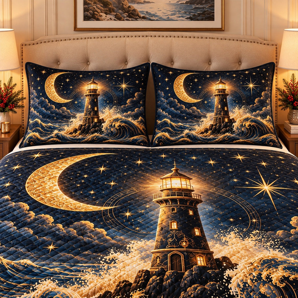 moonlit lighthouse above ocean waves quilt set, alternate view, AI-generated product mockup