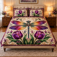 Dragonfly and Purple Tulip Quilt Set, Gift for Garden and Dragonfly Lovers