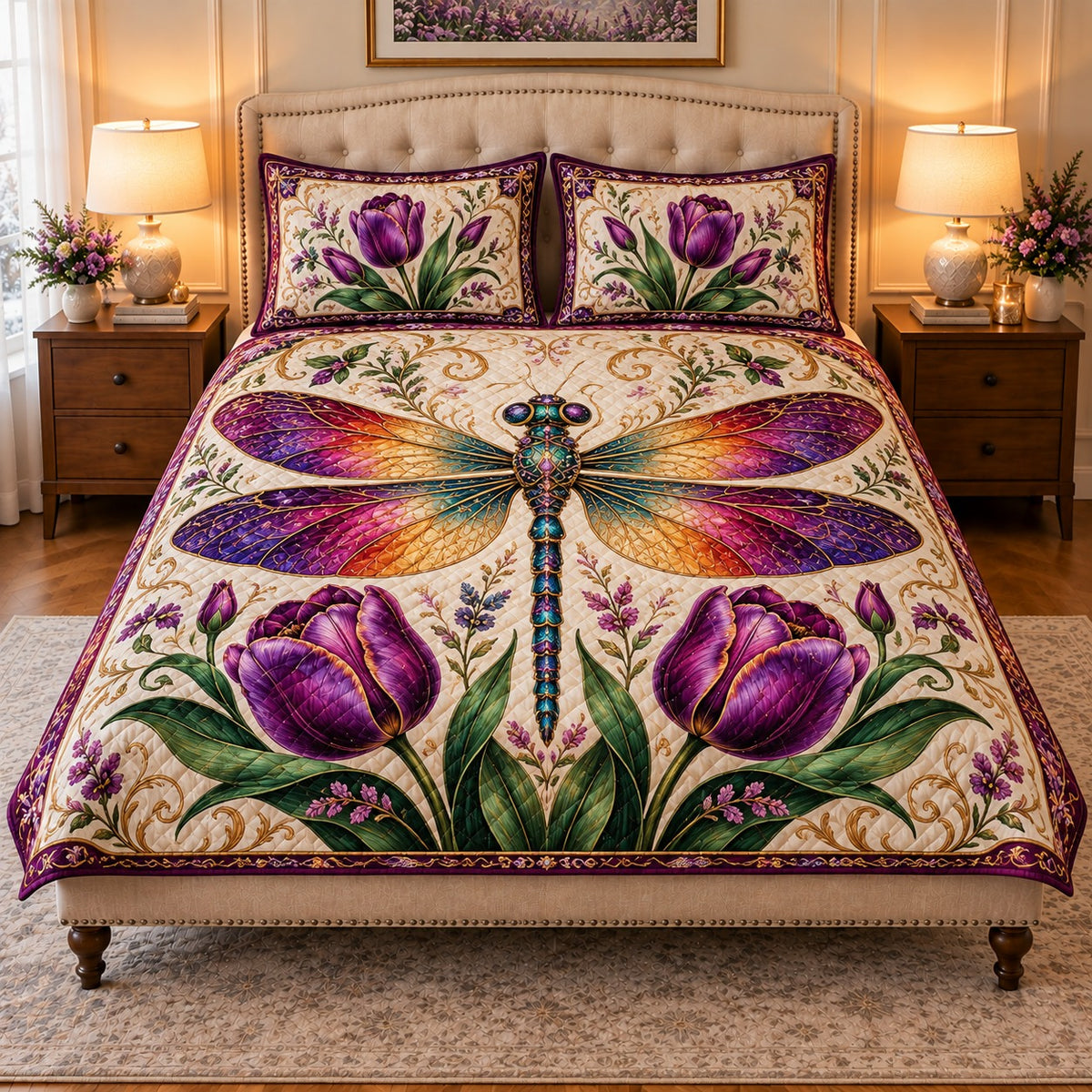 dragonfly with purple tulips quilt set, front view, AI-generated product mockup