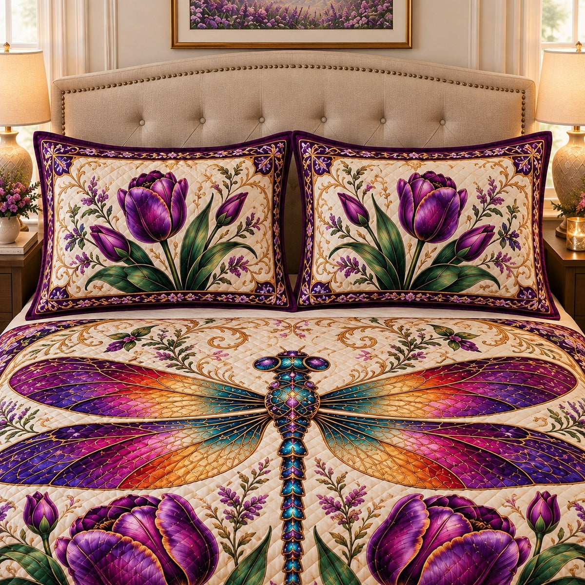 dragonfly with purple tulips quilt set, alternate view, AI-generated product mockup