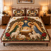 nativity with shepherds and lambs quilt set, front view, AI-generated product mockup
