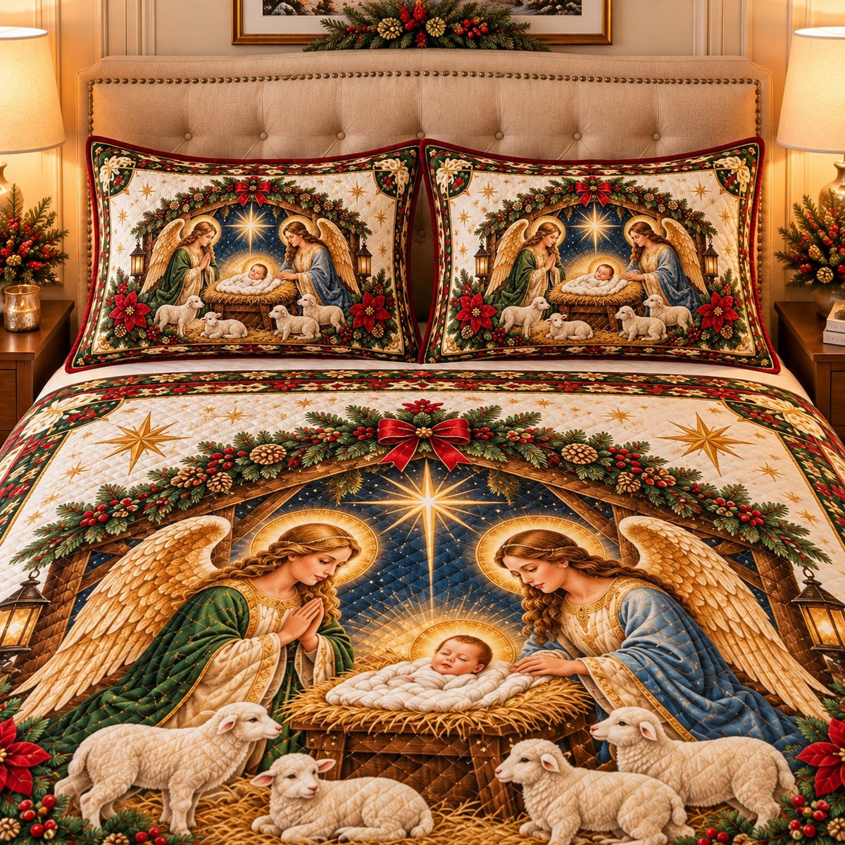 nativity with shepherds and lambs quilt set, alternate view, AI-generated product mockup