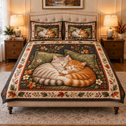 sleeping tabby cats with botanical details quilt set, front view, AI-generated product mockup