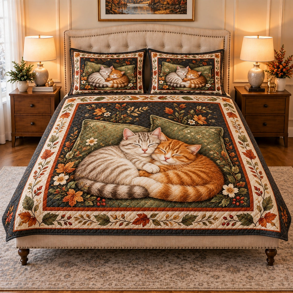sleeping tabby cats with botanical details quilt set, front view, AI-generated product mockup