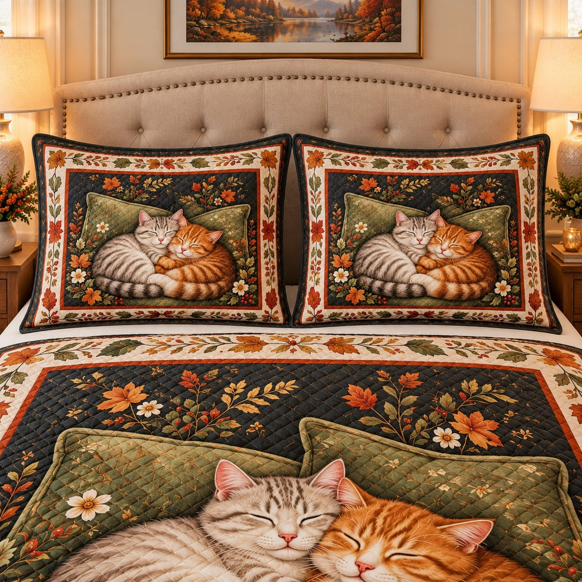 sleeping tabby cats with botanical details quilt set, alternate view, AI-generated product mockup