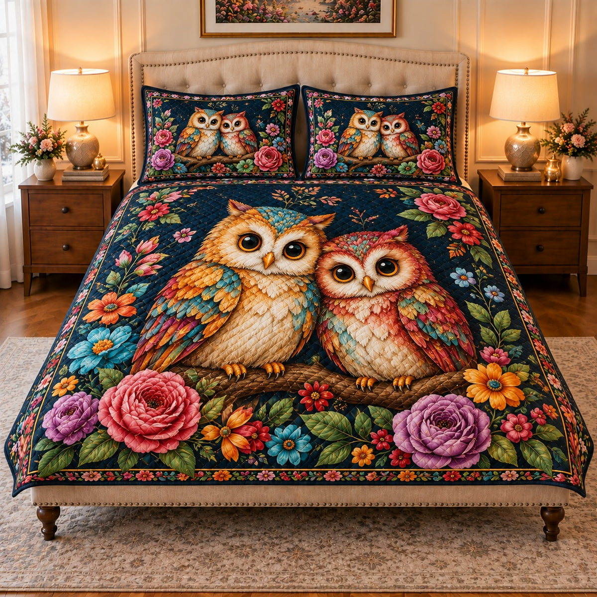 floral owl pair quilt set, front view, AI-generated product mockup