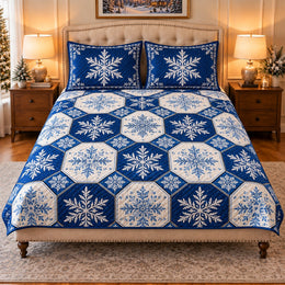 Blue Snowflake Patchwork Quilt Set, Winter Bedding Gift for Quilters