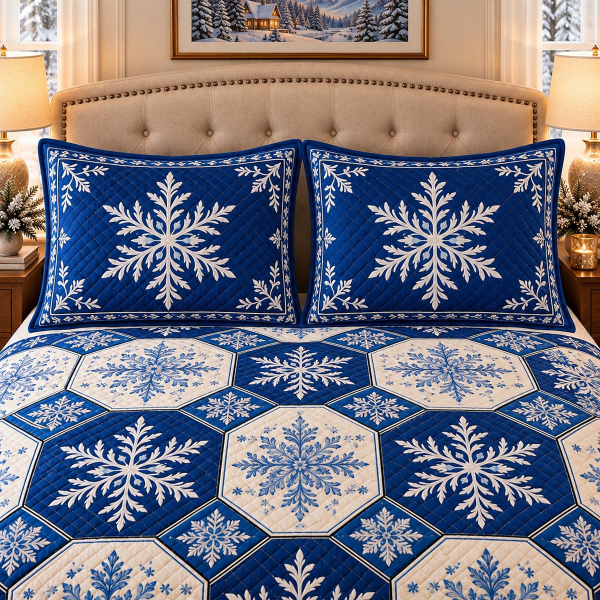 blue snowflake patchwork quilt set, alternate view, AI-generated product mockup
