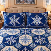 blue snowflake patchwork quilt set, alternate view, AI-generated product mockup