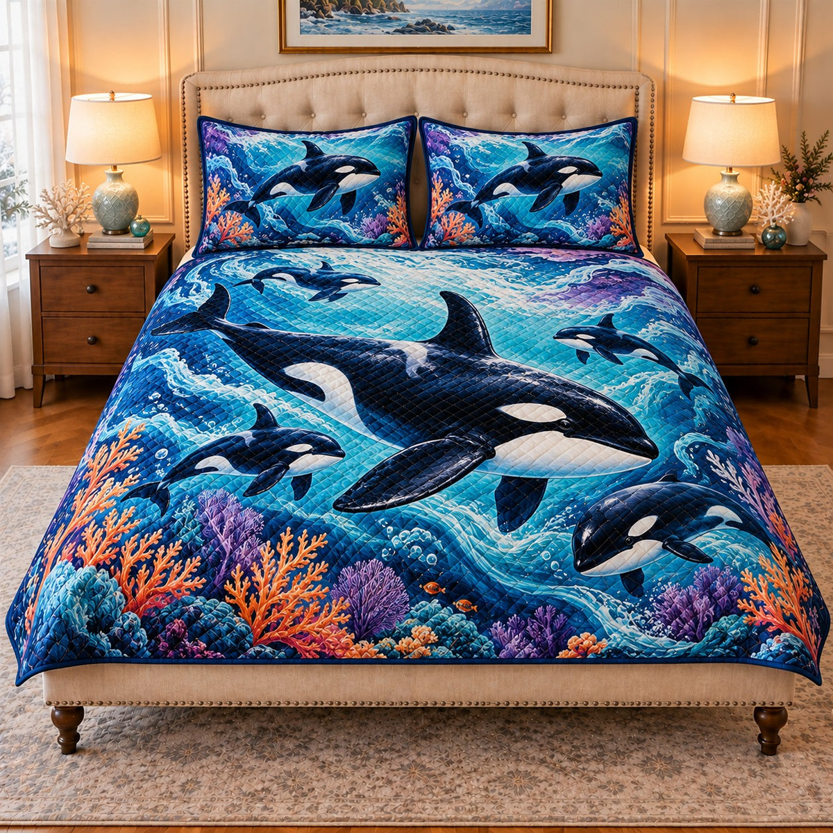 orca family in a coral ocean quilt set, front view, AI-generated product mockup
