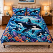 orca family in a coral ocean quilt set, front view, AI-generated product mockup