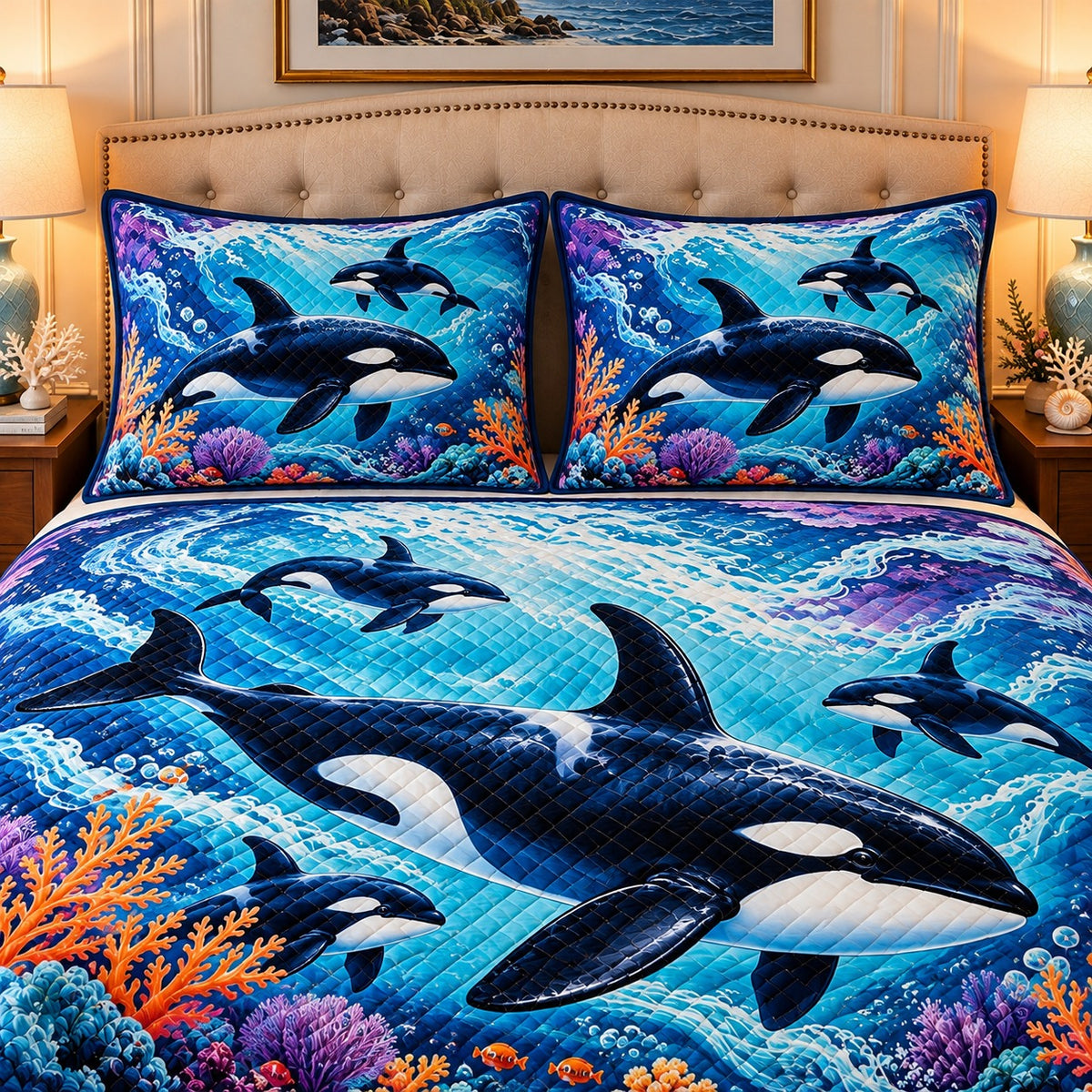orca family in a coral ocean quilt set, alternate view, AI-generated product mockup