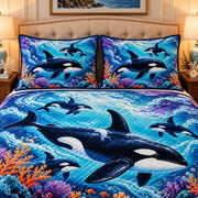 orca family in a coral ocean quilt set, alternate view, AI-generated product mockup