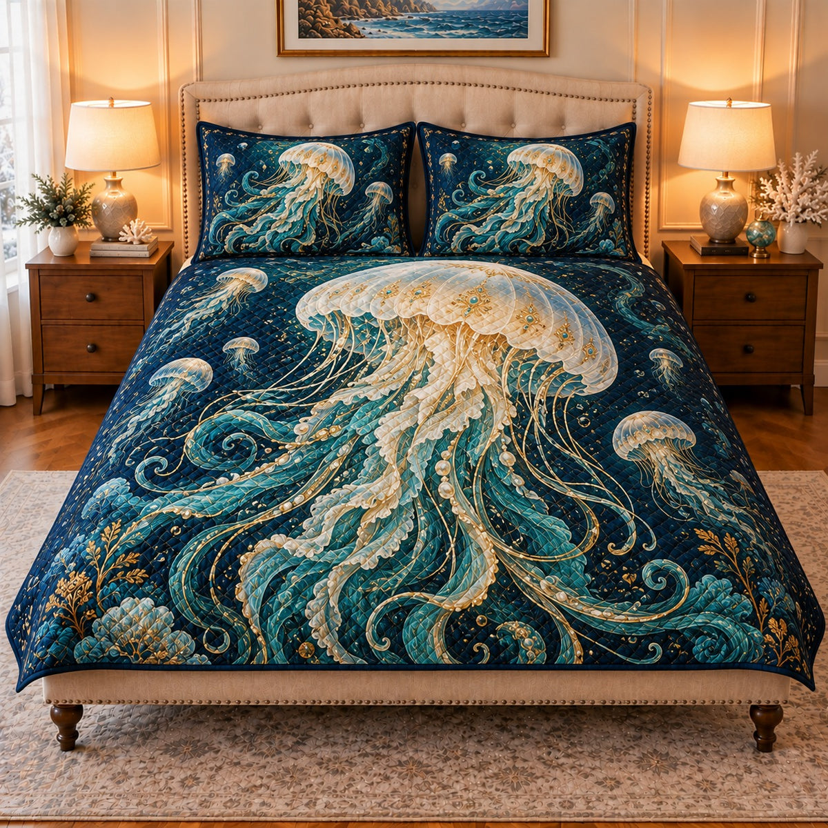moonlit jellyfish in rolling ocean waves quilt set, front view, AI-generated product mockup
