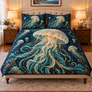 moonlit jellyfish in rolling ocean waves quilt set, front view, AI-generated product mockup