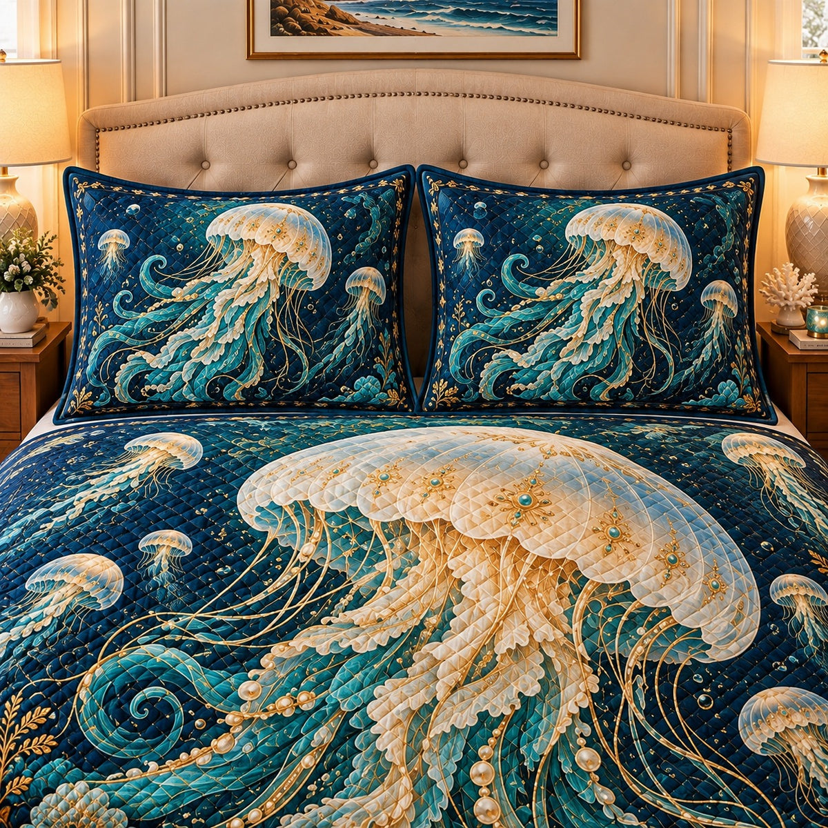 moonlit jellyfish in rolling ocean waves quilt set, alternate view, AI-generated product mockup