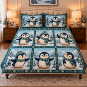 winter penguin patchwork quilt set, front view, AI-generated product mockup