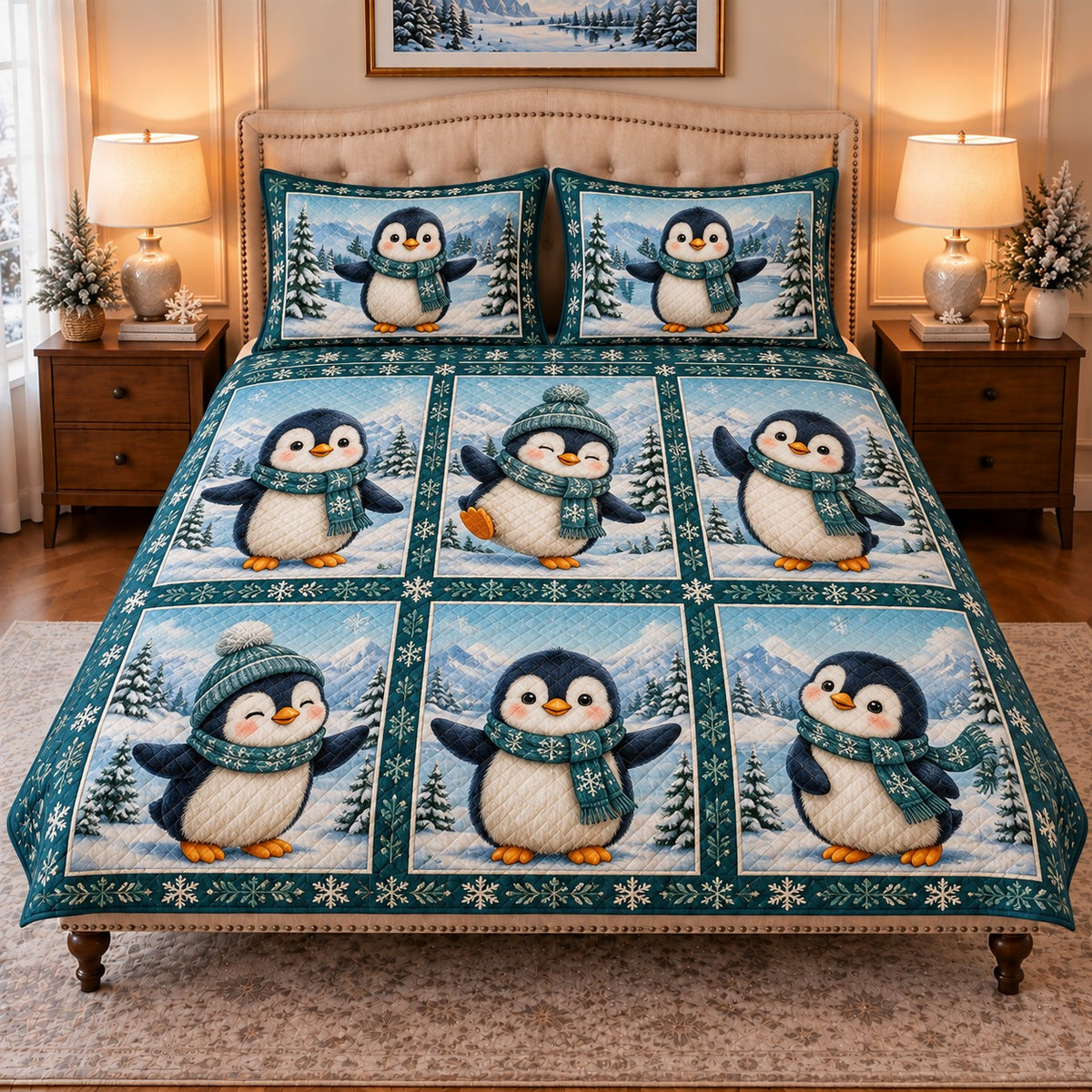 winter penguin patchwork quilt set, front view, AI-generated product mockup