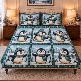 Winter Penguin Patchwork Quilt Set, Cozy Christmas Gift for Penguin Lovers
