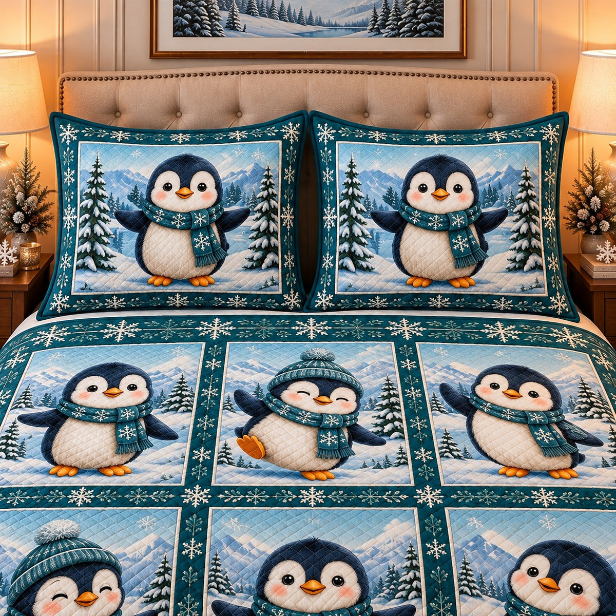 winter penguin patchwork quilt set, alternate view, AI-generated product mockup