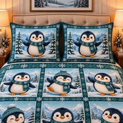 winter penguin patchwork quilt set, alternate view, AI-generated product mockup