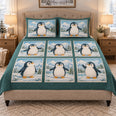 Penguin Family Patchwork Quilt Set, Winter Bedding Gift for Penguin Lovers
