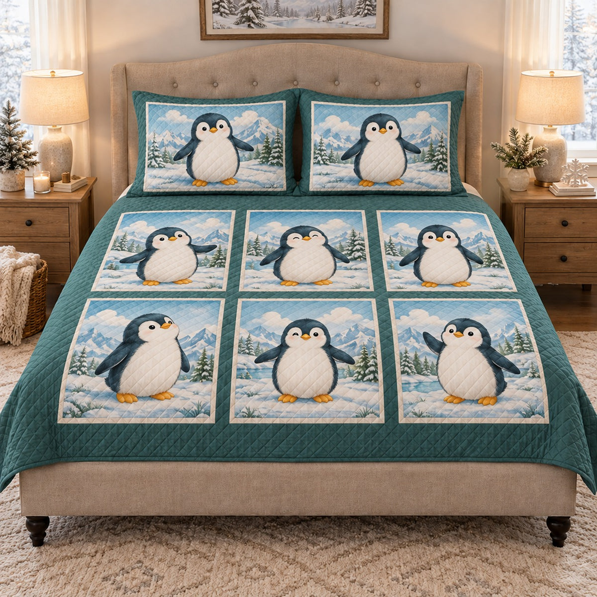 penguin family patchwork quilt set, front view, AI-generated product mockup
