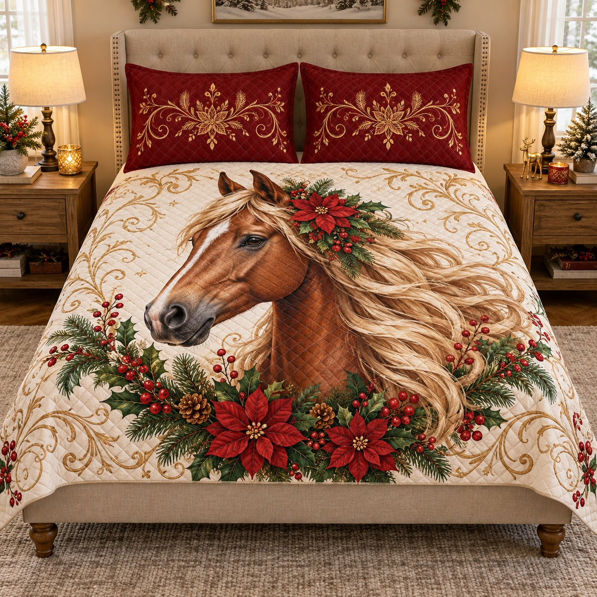 Christmas horse with poinsettias quilt set, front view, AI-generated product mockup