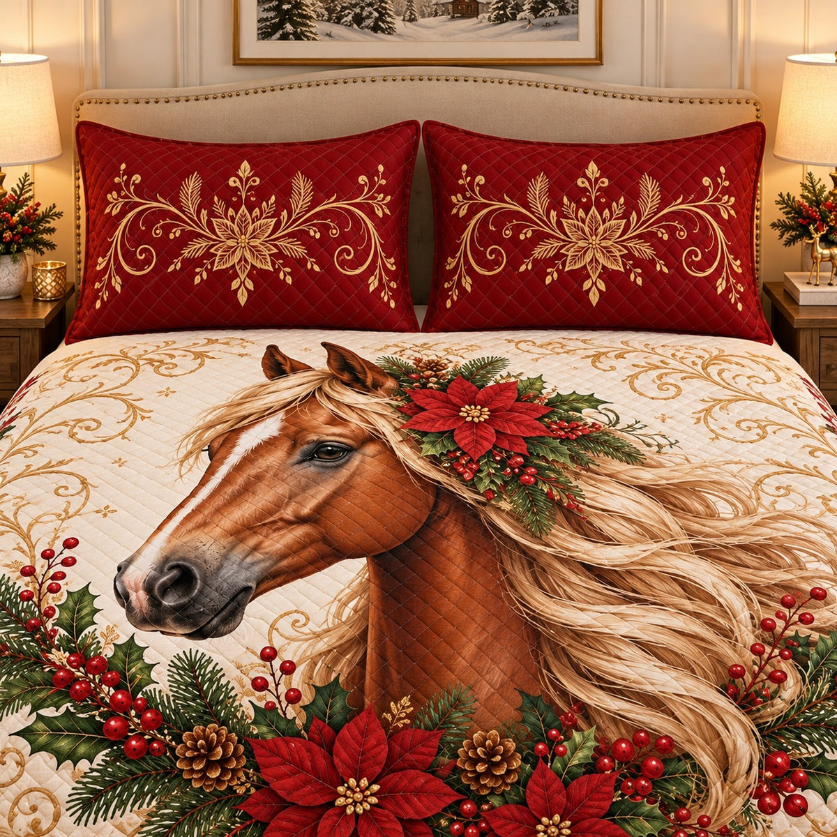 Christmas horse with poinsettias quilt set, alternate view, AI-generated product mockup