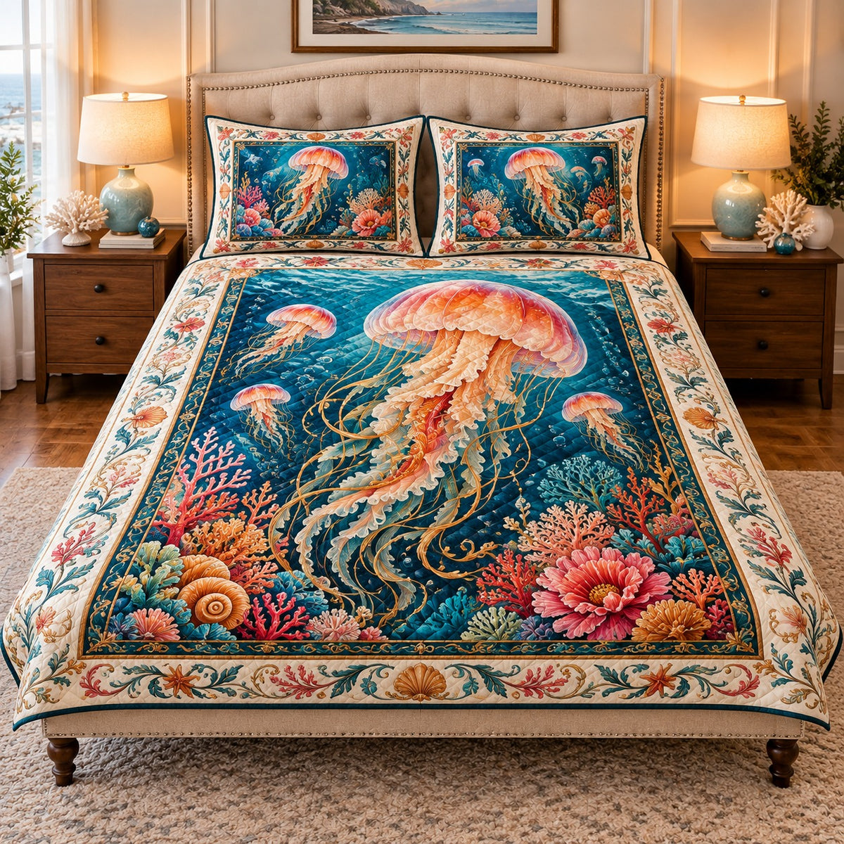 jellyfish with coral reef flowers quilt set, front view, AI-generated product mockup