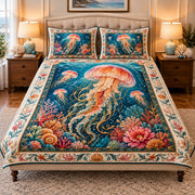 jellyfish with coral reef flowers quilt set, front view, AI-generated product mockup