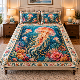 Coral Reef Jellyfish Quilt Set, Coastal Bedding Gift for Jellyfish Lovers