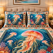 jellyfish with coral reef flowers quilt set, alternate view, AI-generated product mockup