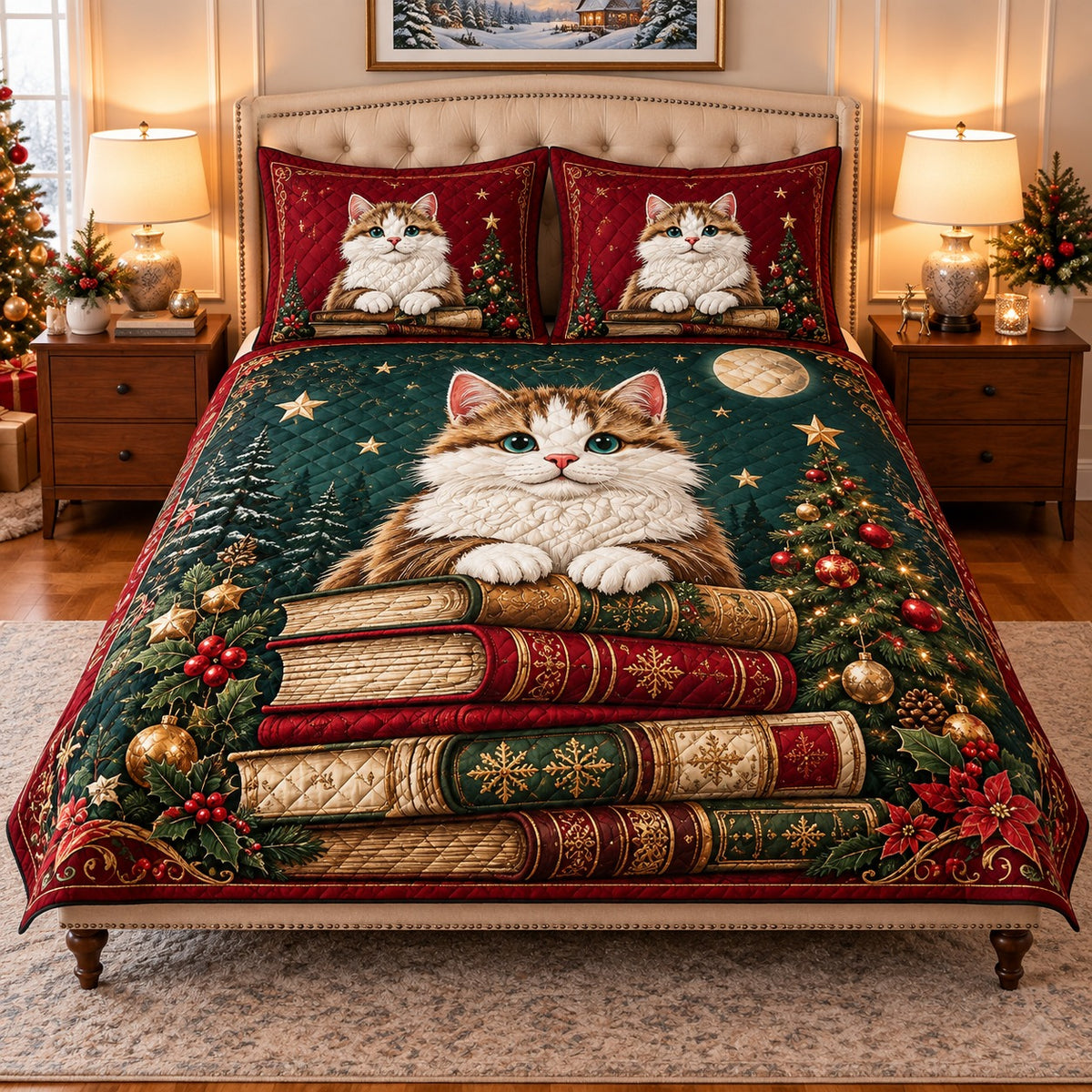 Christmas cat resting on vintage books quilt set, front view, AI-generated product mockup