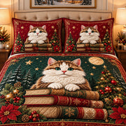 Christmas cat resting on vintage books quilt set, alternate view, AI-generated product mockup