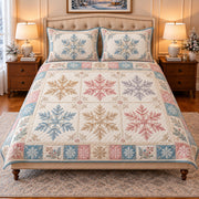 pastel snowflake patchwork quilt set, front view, AI-generated product mockup