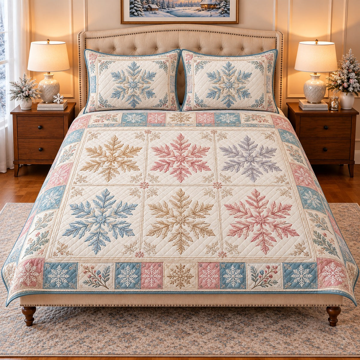 pastel snowflake patchwork quilt set, front view, AI-generated product mockup