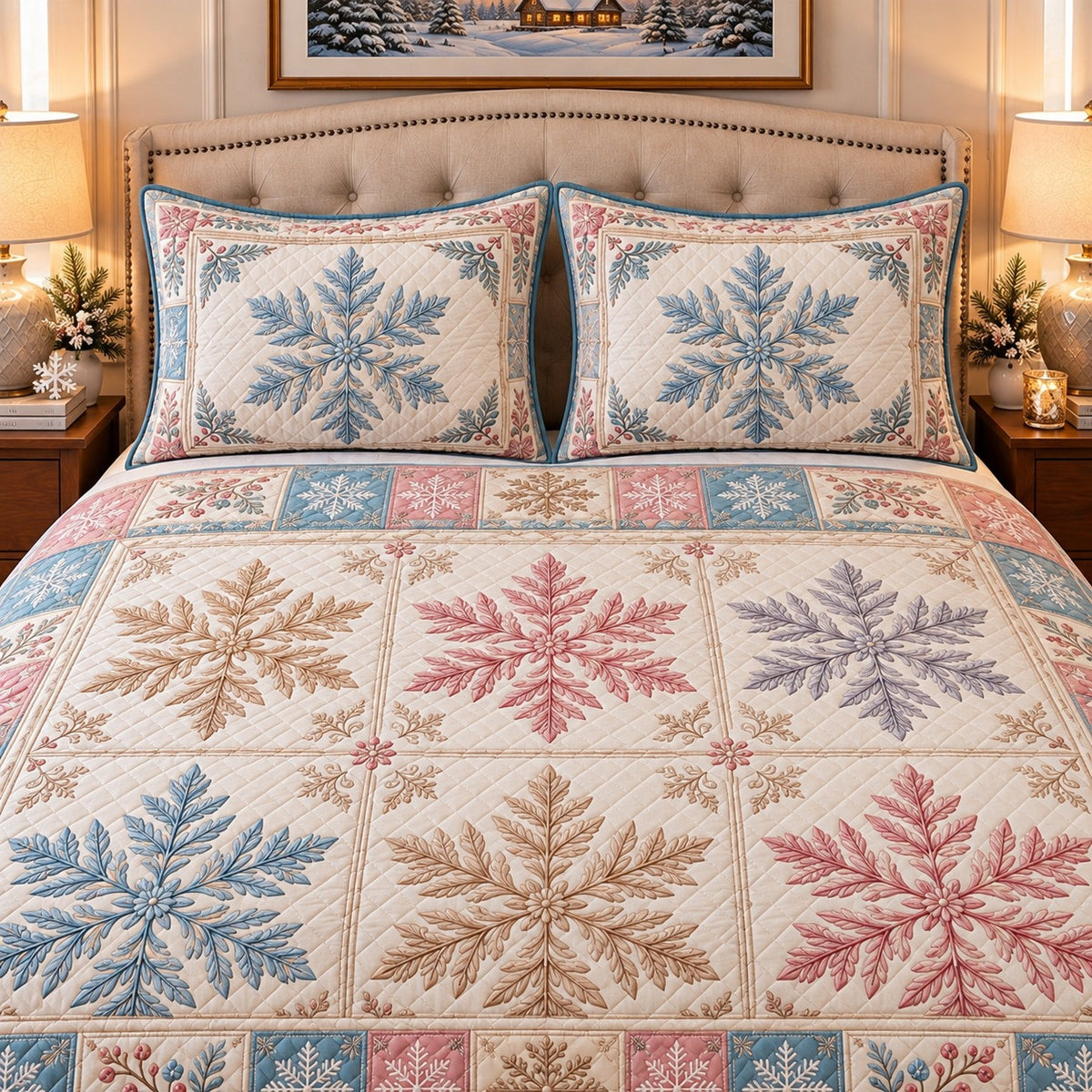 pastel snowflake patchwork quilt set, alternate view, AI-generated product mockup