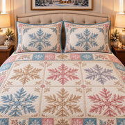 pastel snowflake patchwork quilt set, alternate view, AI-generated product mockup