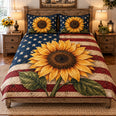 Patriotic Sunflower Flag Quilt Set, Gift for Sunflower and USA Decor Fans